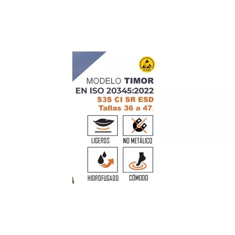 Zapato de seguridad Calima Timor C9271 S3S ESD T-42 ligero, no metálico, hidrofugado y cómodo en color negro.