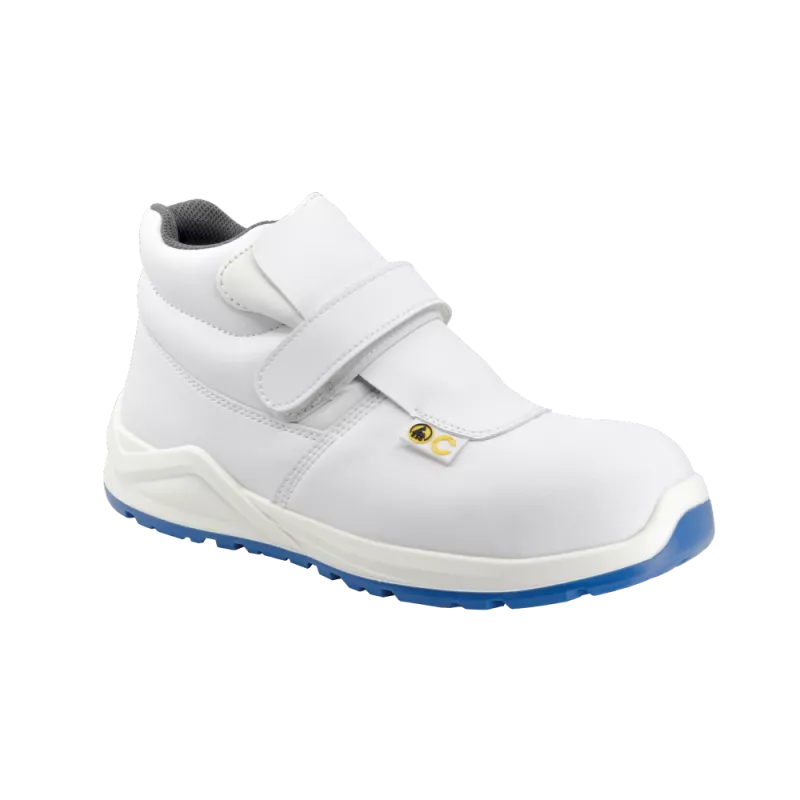 Bota de seguridad Calima Tule 9252 blanca S2 ESD T-41 con diseño anatómico, material sintético y cierre de velcro.