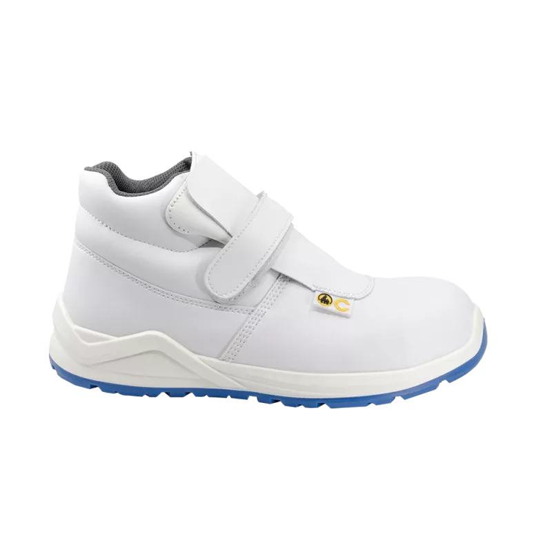 Bota de seguridad Calima Tule 9252 blanca S2 ESD T-41 con cierre de velcro y suela antideslizante para uso industrial.
