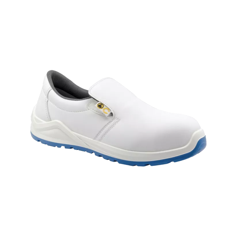Zapato de seguridad Calima Cook 9250 blanco S2 ESD T-39 con diseño sin cordones y suela antideslizante.