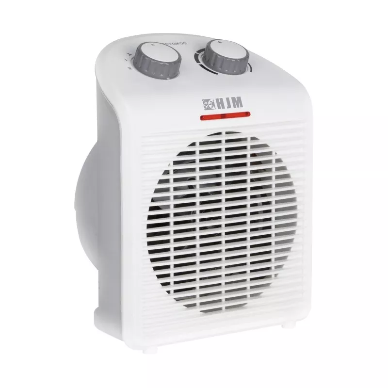 Termoventilador vertical HJM 615 2000 W blanco compacto con controles mecánicos y ventilación ajustable.