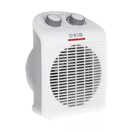 Termoventilador vertical HJM 615 2000 W blanco compacto con controles mecánicos y ventilación ajustable.