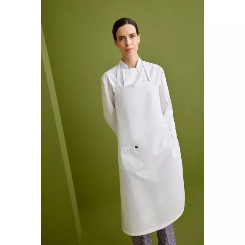 Delantal peto largo Monza 06414 blanco talla 01, confeccionado en tejido resistente y diseño práctico con bolsillo frontal.