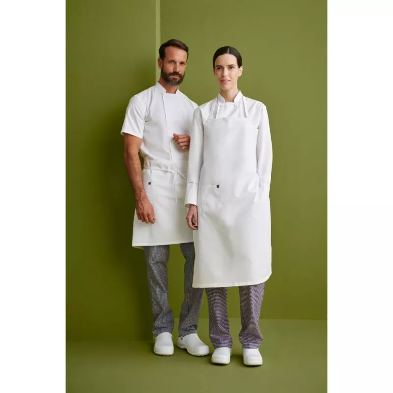 Delantal peto largo Monza 06414 blanco talla 01 de poliéster, con bolsillo y diseño resistente para uso profesional.