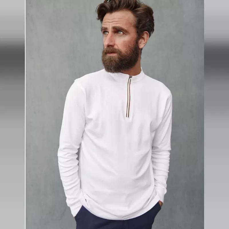 Polo manga larga Monza 03035 blanco en algodón con cierre de cremallera y diseño clásico, talla M.