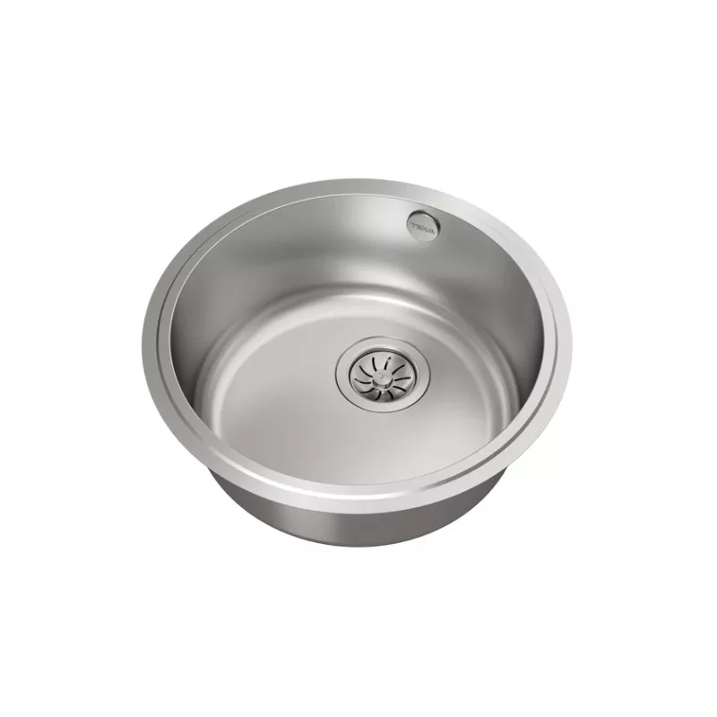 Fregadero Teka BE Ø390 bajo encimera redondo de acero inox pulido con desagüe central y diseño eficiente.