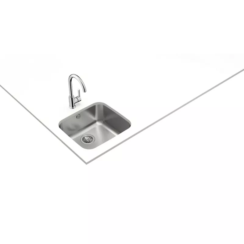 Fregadero Teka BE 45.40 bajo encimera de acero inoxidable, tamaño 450 x 400 mm, diseño cuadrado y acabado brillante.