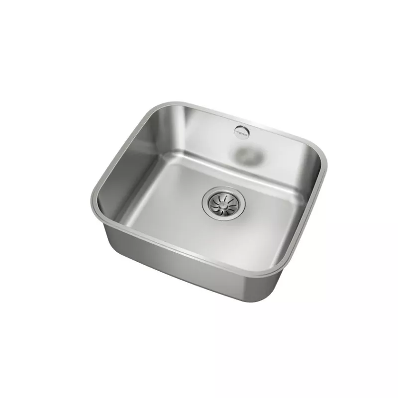 Fregadero Teka BE 45.40 bajo encimera de acero inoxidable pulido 450 x 400 mm con un diseño cuadrado y escurre resistente.