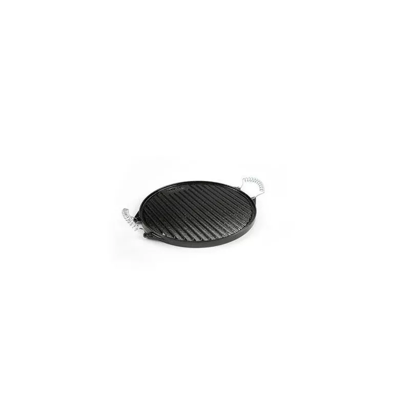Plancha Garcima 12055 hierro fundido esmaltado color negro Ø 52 cm con superficie rayada y asas metálicas.