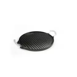 Plancha Garcima 12045 hierro fundido esmaltado color negro con superficie rayada Ø 42 cm y asas de acero inoxidable.