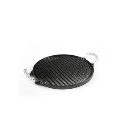Plancha Garcima 12045 hierro fundido esmaltado color negro con superficie rayada Ø 42 cm y asas de acero inoxidable.