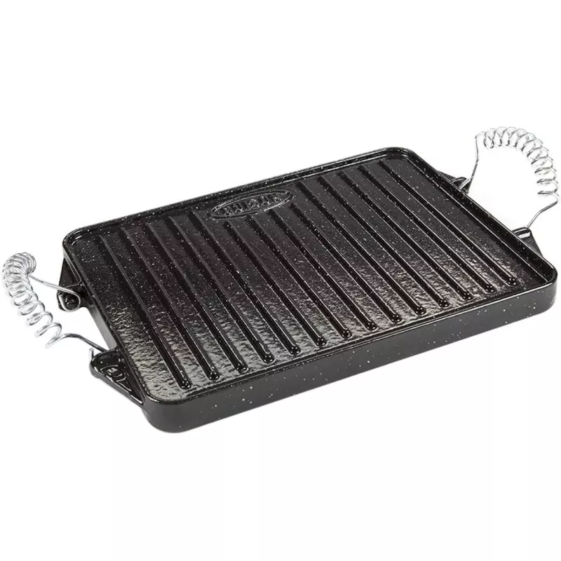 Plancha Garcima 12050 hierro fundido 35 × 50 cm con superficie ribeteada y mangos de metal para un mejor agarre.