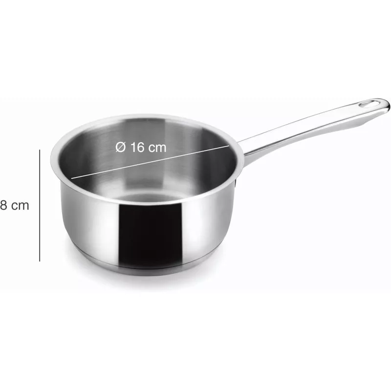 Cazo recto Lacor Basic 32216 de 16 cm y 1,5 L de acero inoxidable pulido con mango ergonómico para fácil agarre.