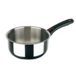 Cazo Inoxibar Forma 60104 de 14 cm y 1 L de acero inoxidable con mango ergonómico negro y acabado pulido.