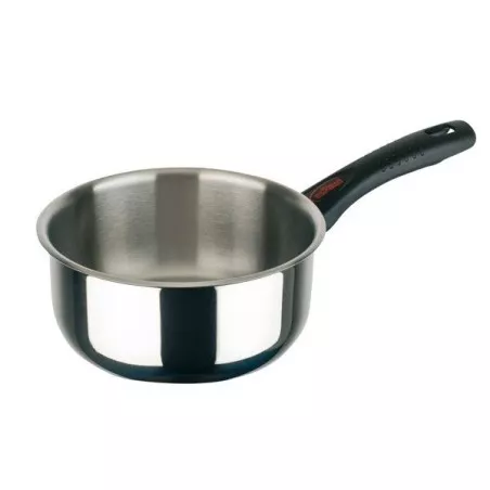 Cazo Inoxibar Forma 60104 de 14 cm y 1 L de acero inoxidable con mango ergonómico negro y acabado pulido.