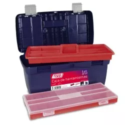 Caja de herramientas Tayg nº 16 116001 500 x 258 x 255 mm en color azul con tapa roja y organizador interior transparente.