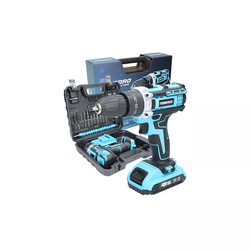 Taladro percutor Ferrestock FSKTAB101 21 V 1,5 Ah azul y negro con maletín y múltiples accesorios incluidos