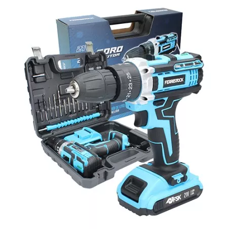 Taladro percutor Ferrestock FSKTAB101 21 V 1,5 Ah azul y negro con maletín y múltiples accesorios incluidos