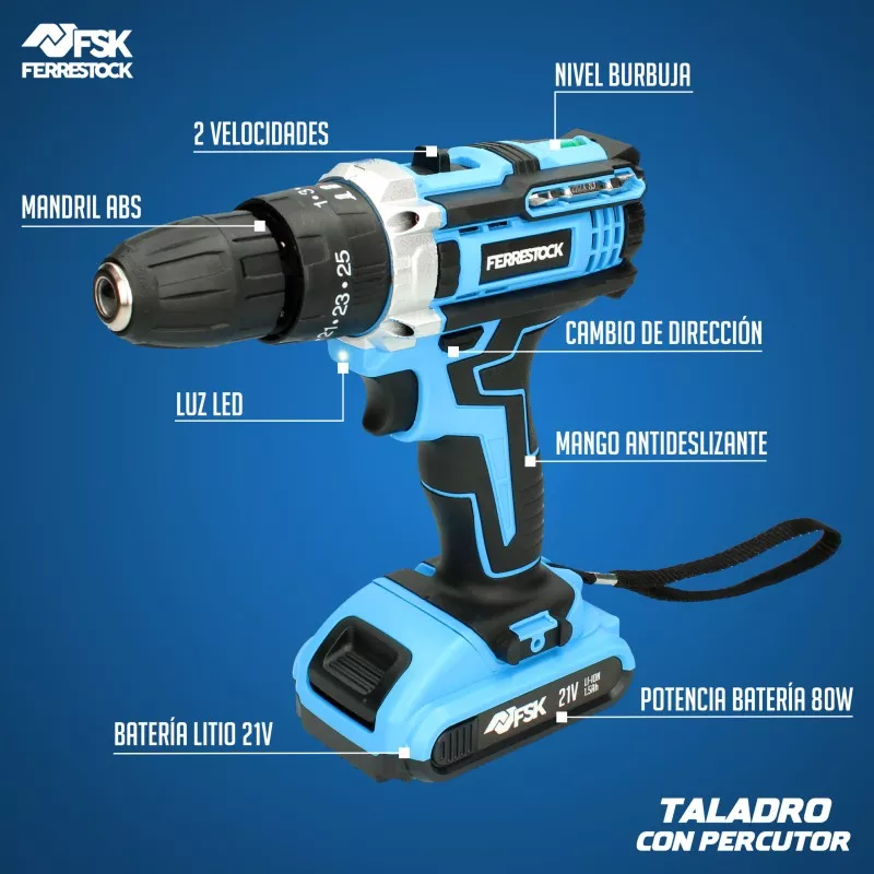 Taladro percutor Ferrestock FSKTAB101 21 V 1,5 Ah azul y negro, diseño ergonómico, batería de litio y luz LED.