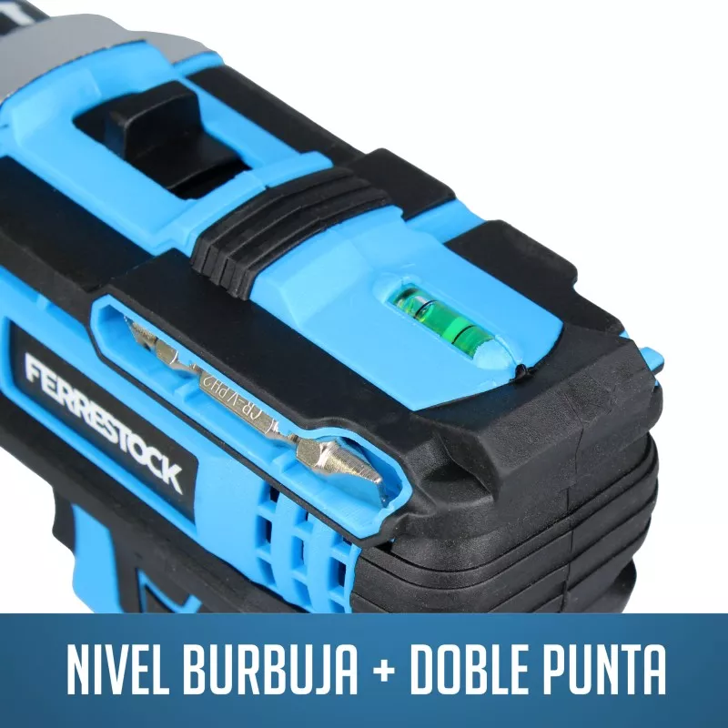 Taladro percutor Ferrestock FSKTAB101 21 V 1,5 Ah con diseño ergonómico, nivel burbuja y doble punta en colores negro y azul