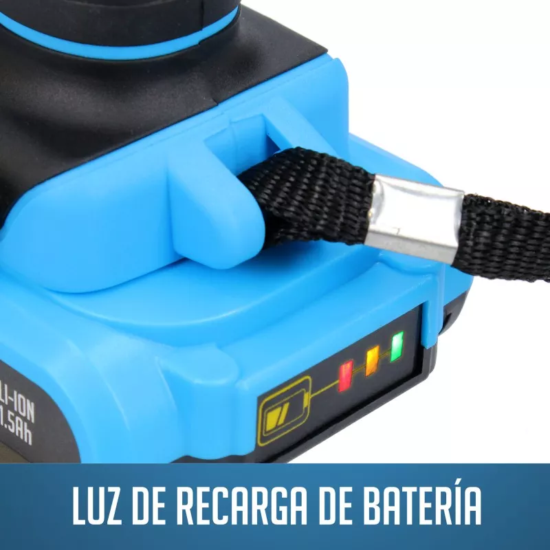 Taladro percutor Ferrestock FSKTAB101 21 V 1,5 Ah con batería y luz de carga, diseño compacto y color azul.
