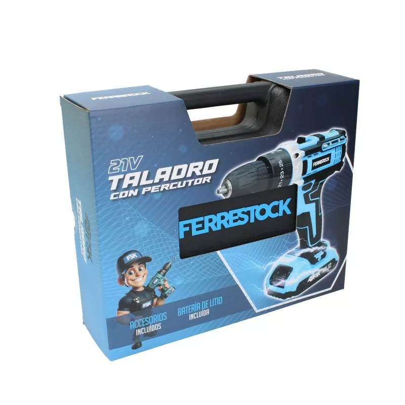 Taladro percutor Ferrestock FSKTAB101 21 V 1,5 Ah azul con diseño ergonómico y batería recargable incluida