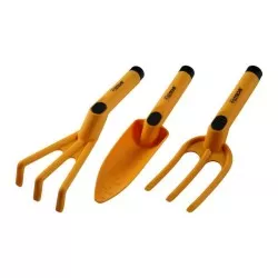 Juego de jardinería Hoteche 023531 de 3 piezas con mangos ergonómicos y acabado en color amarillo brillante.