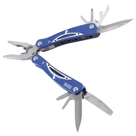 Alicate multifunción Alyco 101260 de acero inoxidable con mango azul y múltiples herramientas integradas