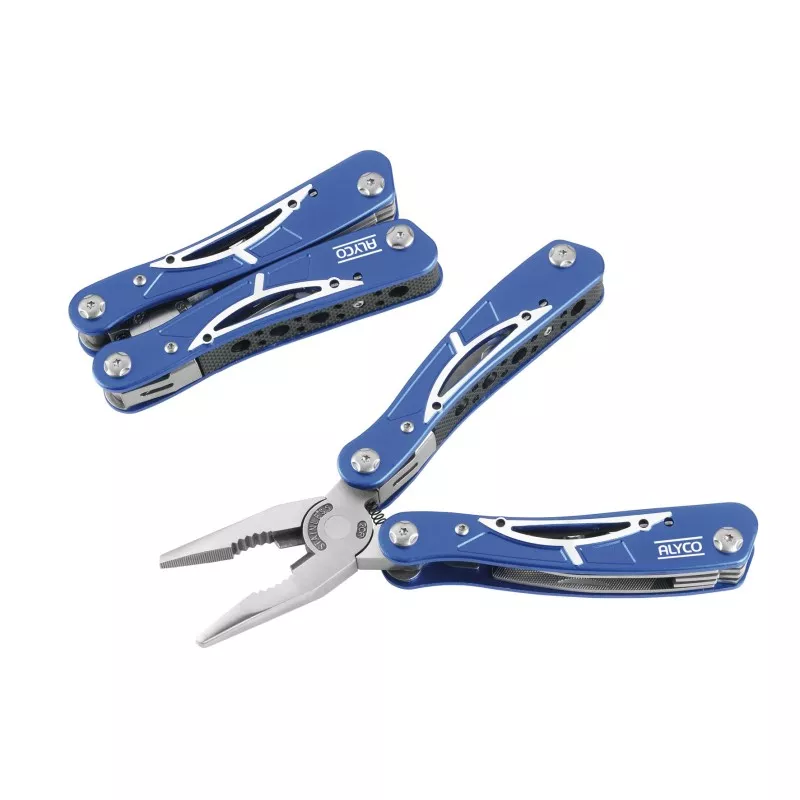 Alicate multifunción Alyco 101260 de acero inoxidable con acabado azul, diseño compacto y múltiples herramientas integradas.