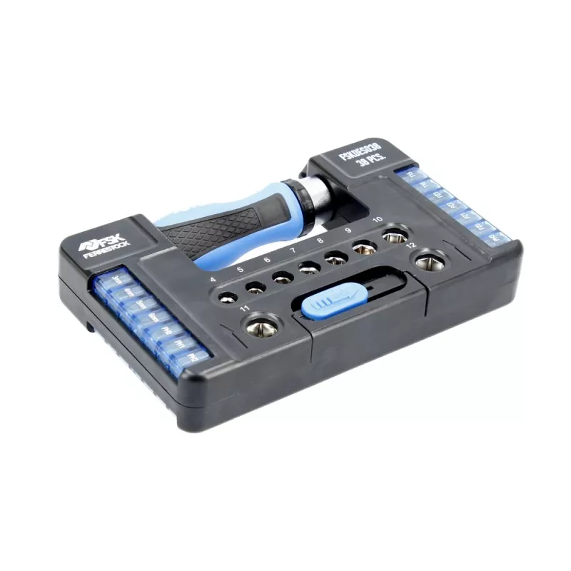 Set Ferrestock FSKDES038 de carraca y puntas 38 piezas en estuche plástico negro y azul, con mangos ergonómicos y variedad de ac