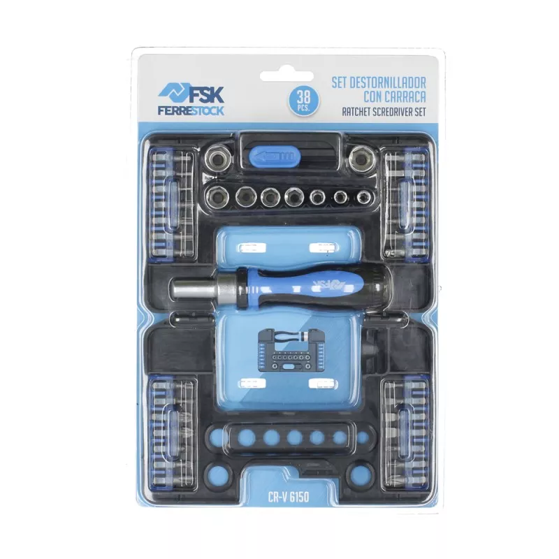 Set Ferrestock FSKDES038 de carraca y puntas 38 piezas en estuche plástico azul y negro con mangos ergonómicos y acabados mates