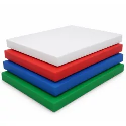 Tabla de corte Mecaplast polietileno 50 x 40 x 3 cm en colores rojo, azul, verde y blanco, ideal para uso alimentario.