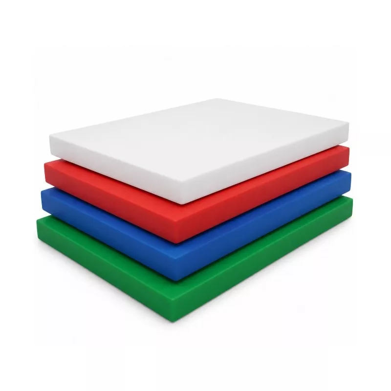 Tabla de corte Mecaplast polietileno 50 x 40 x 3 cm en colores rojo, azul, verde y blanco, ideal para uso alimentario.
