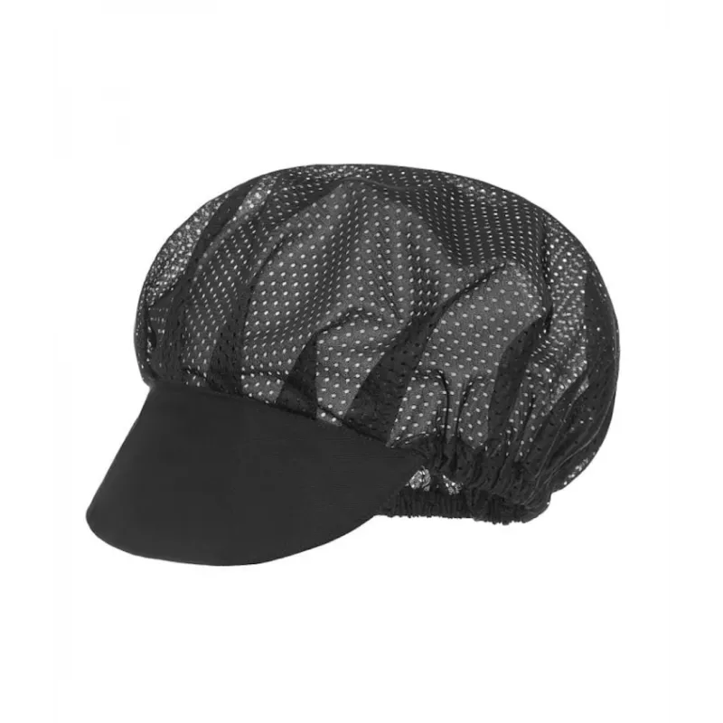 Cofia con visera Monza 04004 negra de material transpirable con diseño de malla y talla única ajustable.