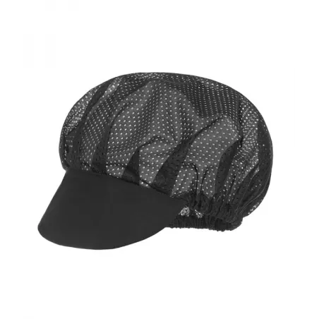 Cofia con visera Monza 04004 negra de material transpirable con diseño de malla y talla única ajustable.