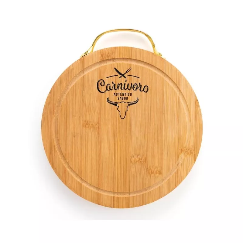 Tabla redonda Quid Carnívoro de bambú natural con diseño grabado y mango para fácil transporte, Ø 22 x 2 cm.