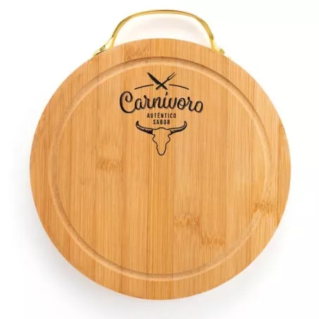 Tabla redonda Quid Carnívoro de bambú natural con diseño grabado y mango para fácil transporte, Ø 22 x 2 cm.