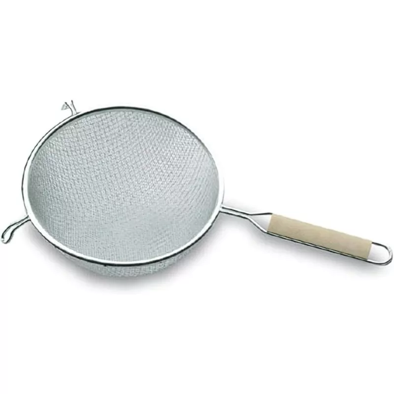 Colador doble malla Lacor 61316 de 16 cm, acero inoxidable con mango de plástico y diseño ergonómico.