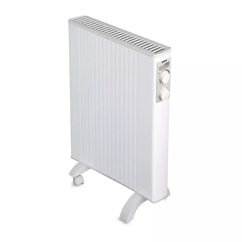 Emisor térmico móvil HJM Iris 1000 W con ruedas, diseño compacto y acabado blanco, ideal para espacios reducidos.