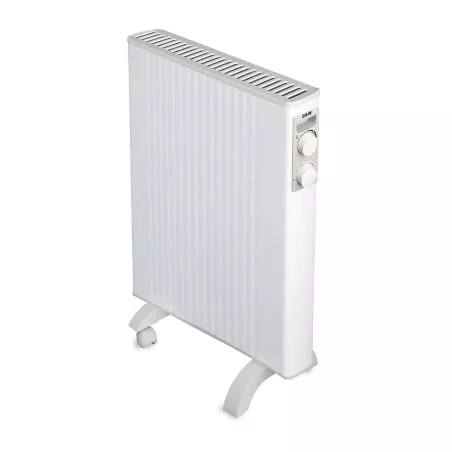 Emisor térmico móvil HJM Iris 1000 W con ruedas, diseño compacto y acabado blanco, ideal para espacios reducidos.