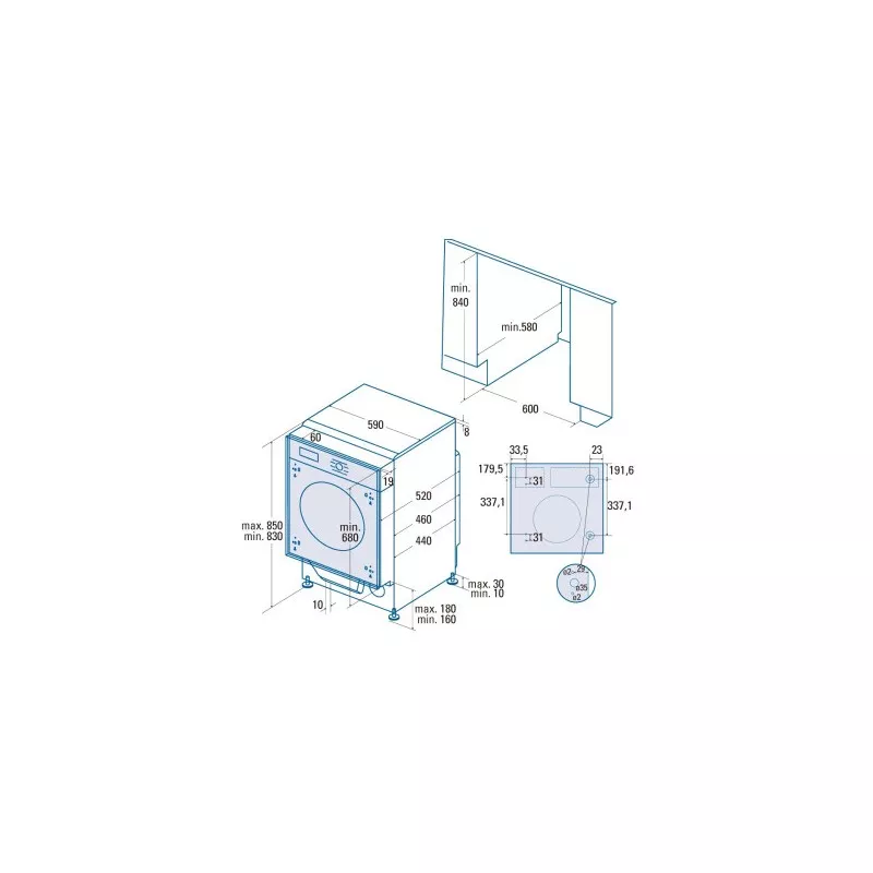 Lavadora integrable Cata LI 08014/A 8 kg – carga frontal, 1400 rpm con diseño compacto y medidas de instalación detalladas.