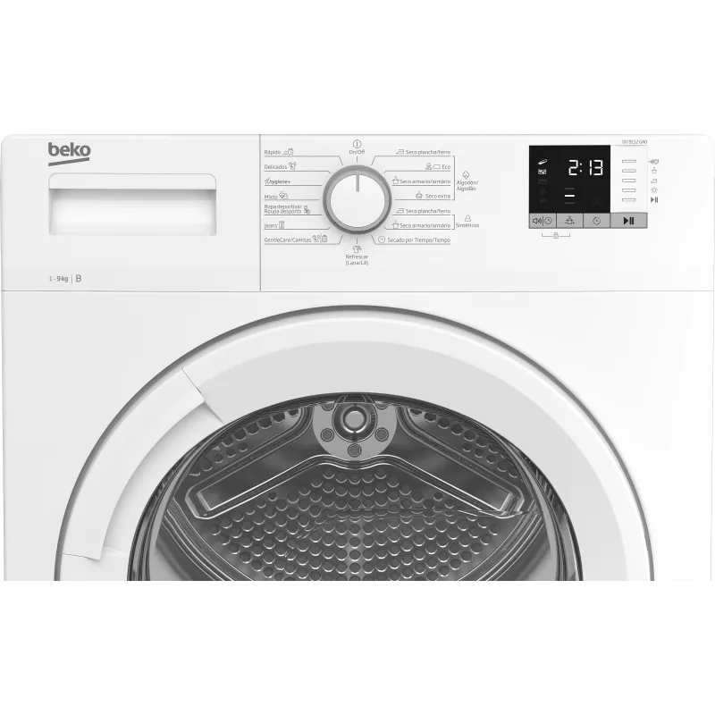 Secadora Beko DU 9112 GA0 9 kg blanca con 15 programas, diseño ergonómico y tecnología de secado eficiente.