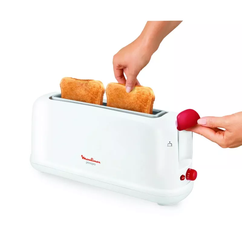 Tostador Moulinex Principio LS160111 1000 W, diseño compacto en color blanco, con dos ranuras y control de dorado.