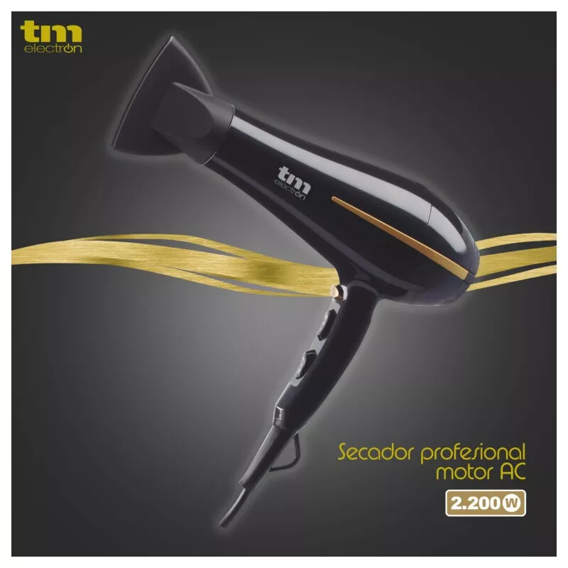 Secador de pelo TM Electron TMHD126 – 2400 W negro con diseño ergonómico y acabado brillante para uso profesional