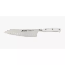 Cuchillo Rocking Santoku Arcos Riviera Blanc 233124 de 180 mm, acero inoxidable con mango blanco ergonómico.