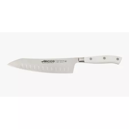 Cuchillo Rocking Santoku Arcos Riviera Blanc 233124 de 180 mm, acero inoxidable con mango blanco ergonómico.