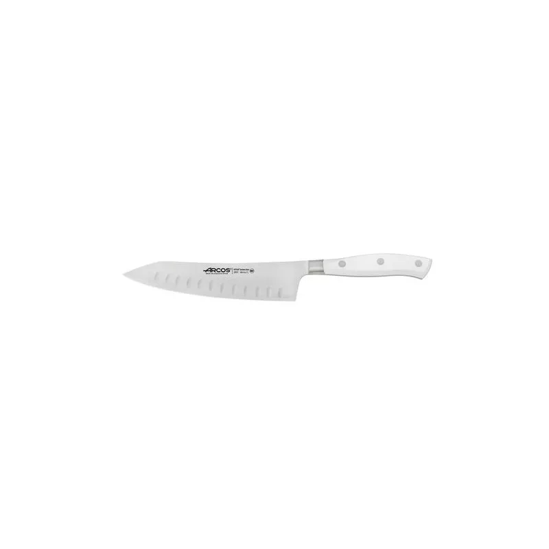 Cuchillo Rocking Santoku Arcos Riviera Blanc 233124 de 180 mm, acero inoxidable con mango blanco y acabado pulido.