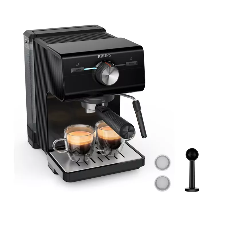 Cafetera espresso manual Krups Authentic XP3818 15 bares negra con diseño compacto y filtro de acero inoxidable.