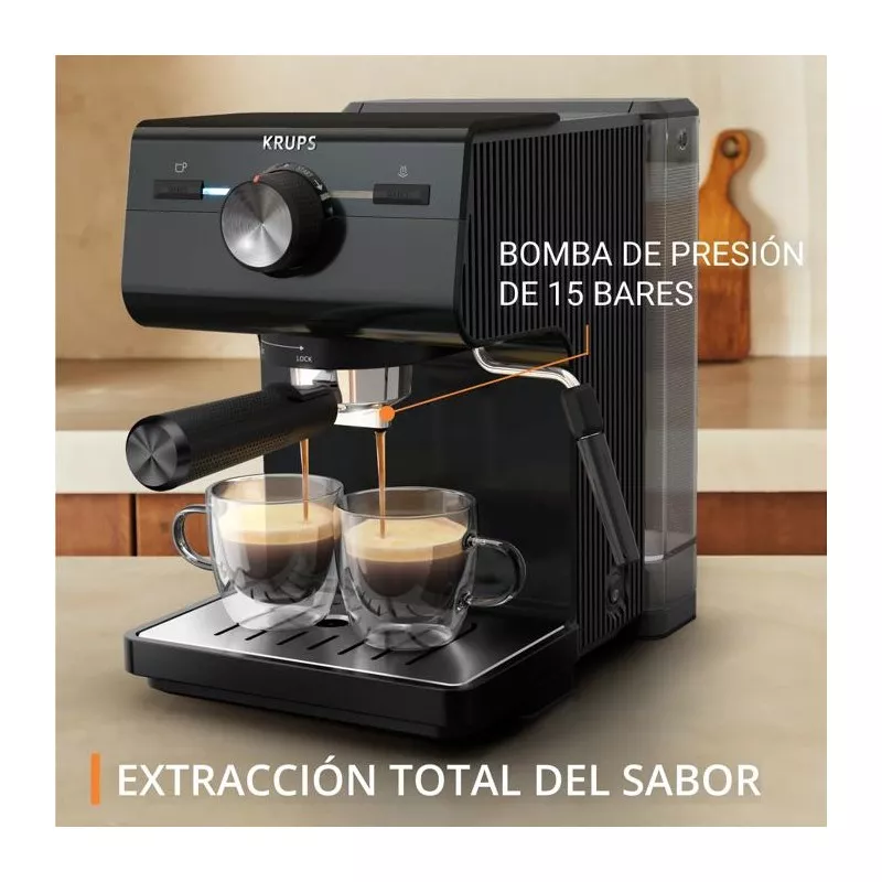 Cafetera espresso manual Krups Authentic XP3818 15 bares negra con diseño compacto y acabado en acero inoxidable