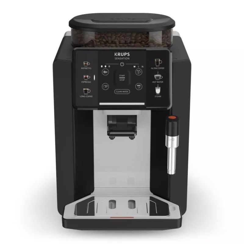 Cafetera superautomática Krups Sensation C10 EA910A10 negra con panel táctil y espumador de leche integrado